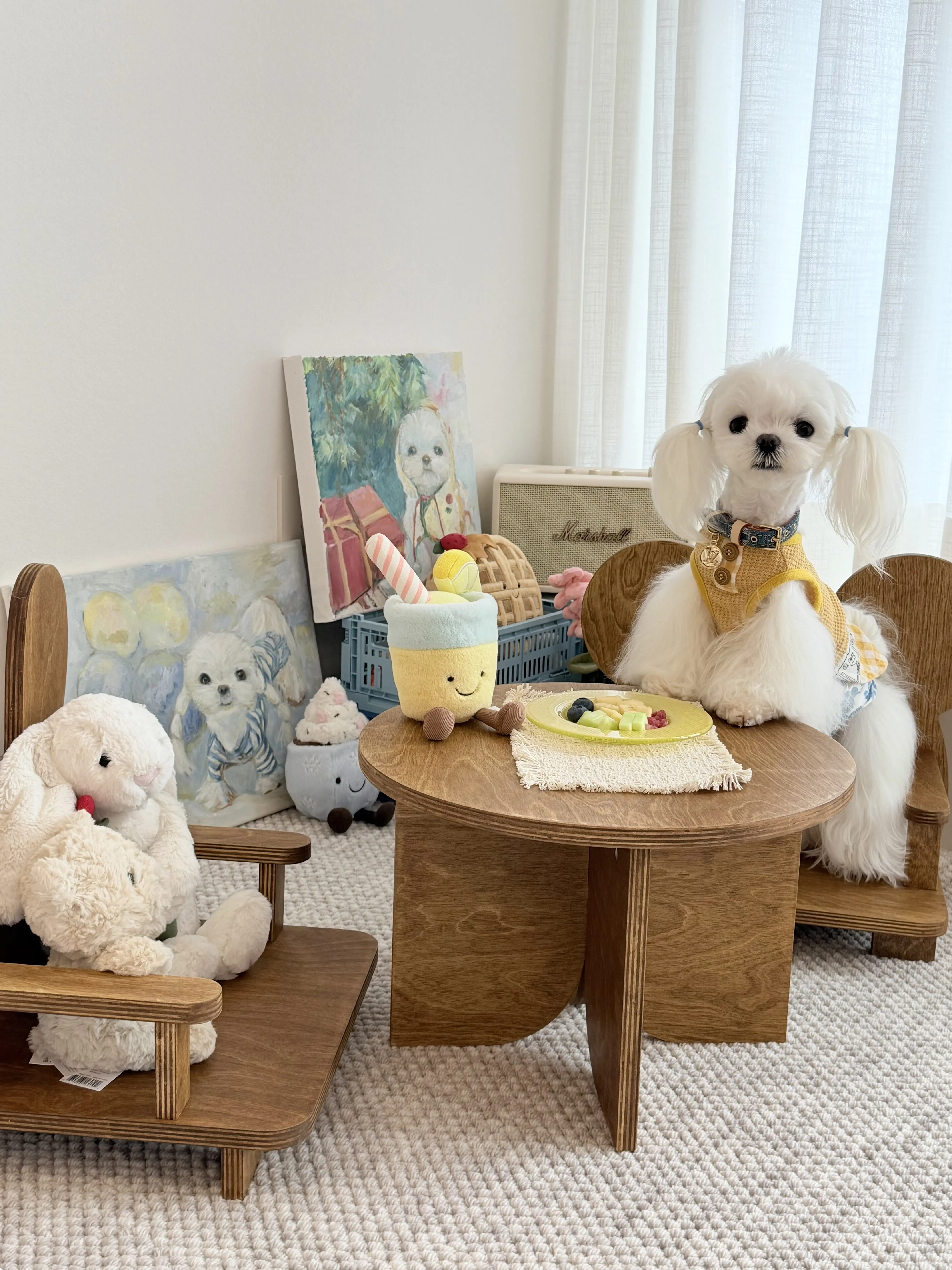 wooden pet furniture decoration in a customer's home - Vintage Round Pet Side Table and Mini Chair Set